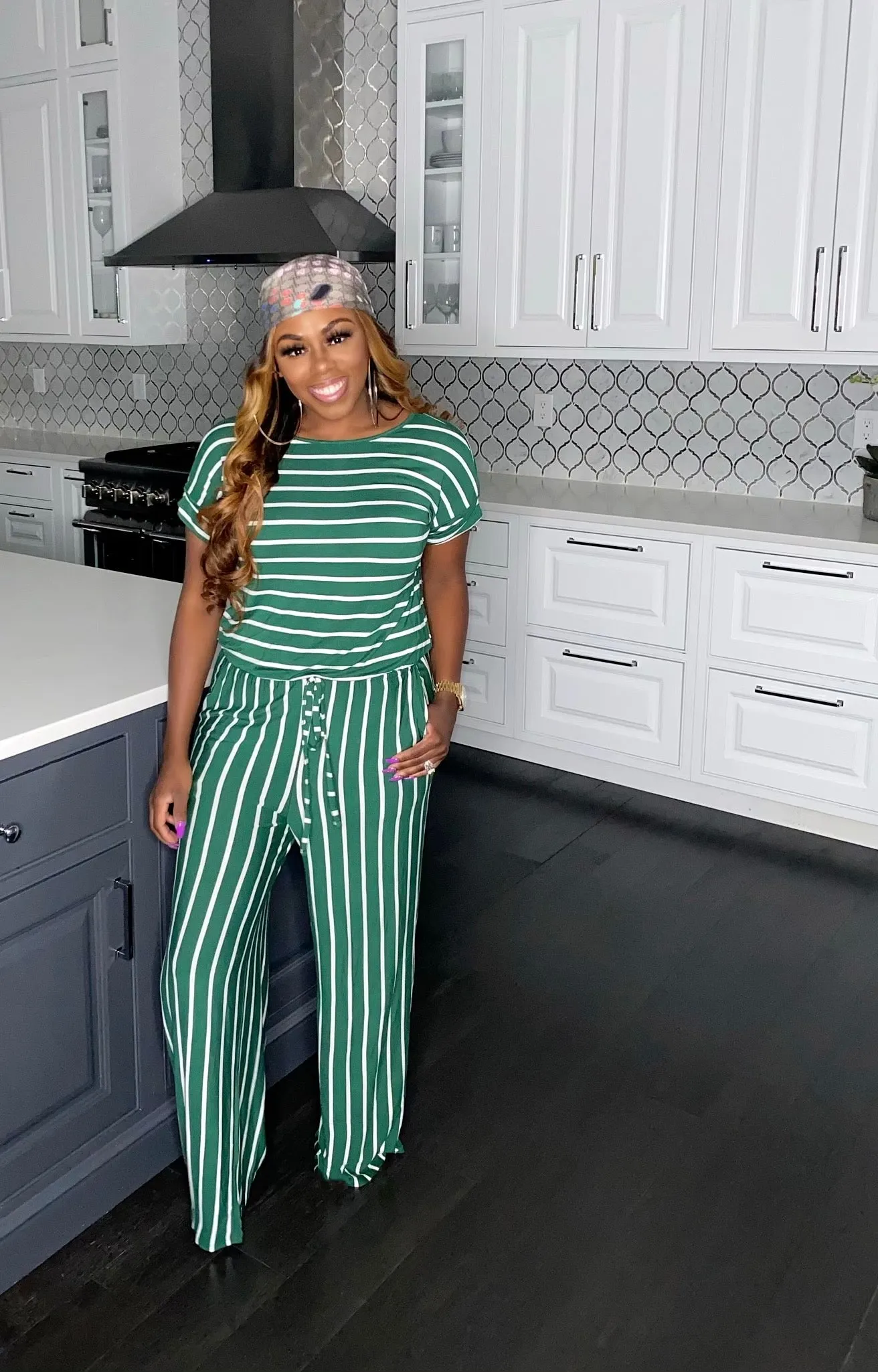 Chill Day" Striped Jumpsuit (Green)
