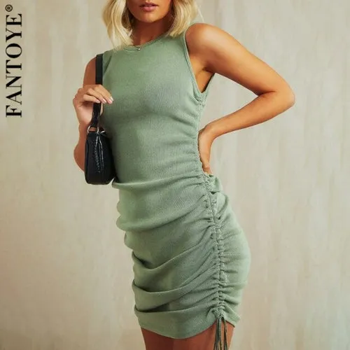 Cotton Ruched Drawstring Sexy Party Dress Women Sleeveless