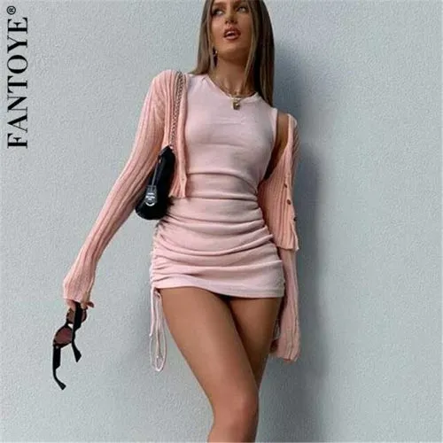 Cotton Ruched Drawstring Sexy Party Dress Women Sleeveless