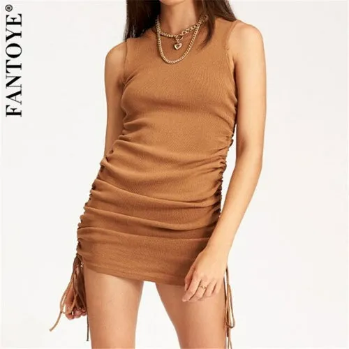 Cotton Ruched Drawstring Sexy Party Dress Women Sleeveless