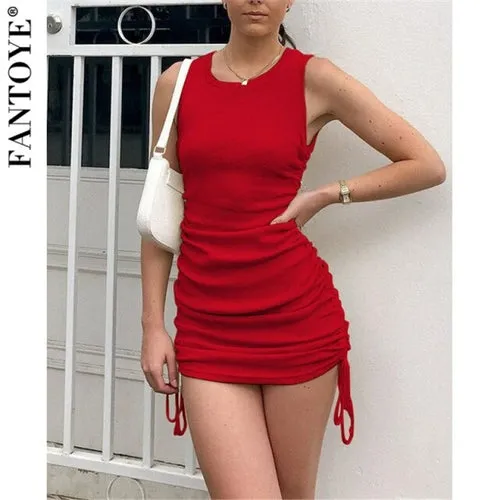 Cotton Ruched Drawstring Sexy Party Dress Women Sleeveless
