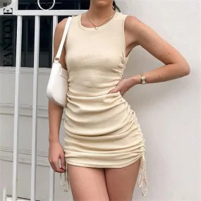 Cotton Ruched Drawstring Sexy Party Dress Women Sleeveless