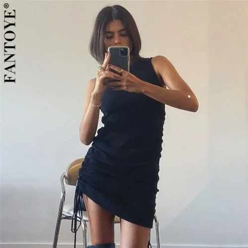 Cotton Ruched Drawstring Sexy Party Dress Women Sleeveless