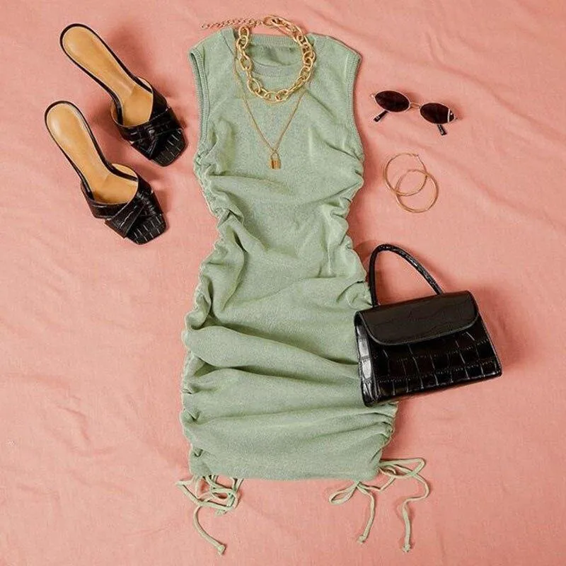 Cotton Ruched Drawstring Sexy Party Dress Women Sleeveless