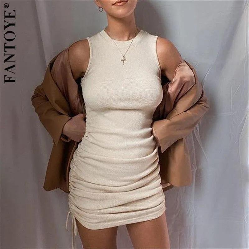 Cotton Ruched Drawstring Sexy Party Dress Women Sleeveless