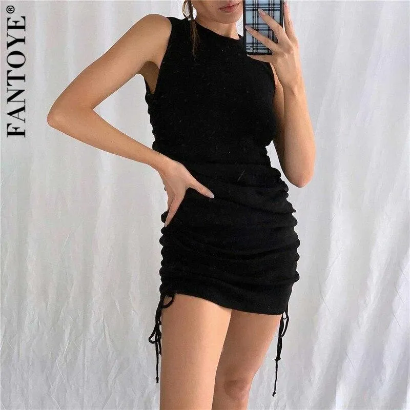 Cotton Ruched Drawstring Sexy Party Dress Women Sleeveless
