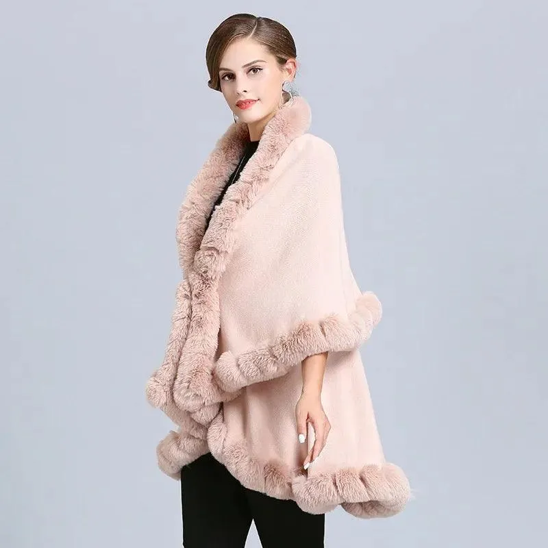 Elegant Outstreet Faux Fox Fur Collar Two-Layer Poncho Cape Cardigan Coat