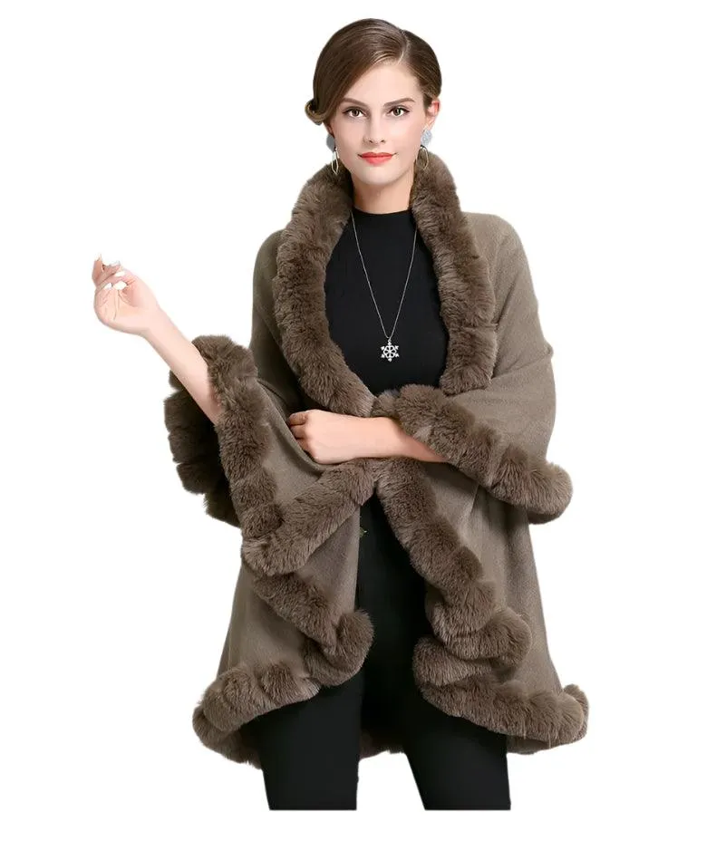 Elegant Outstreet Faux Fox Fur Collar Two-Layer Poncho Cape Cardigan Coat