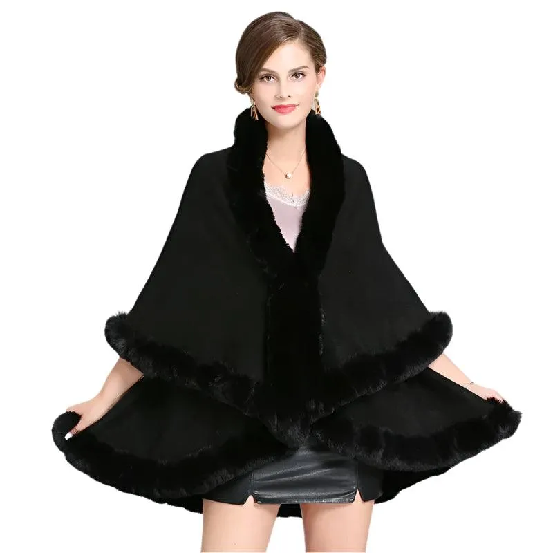 Elegant Outstreet Faux Fox Fur Collar Two-Layer Poncho Cape Cardigan Coat