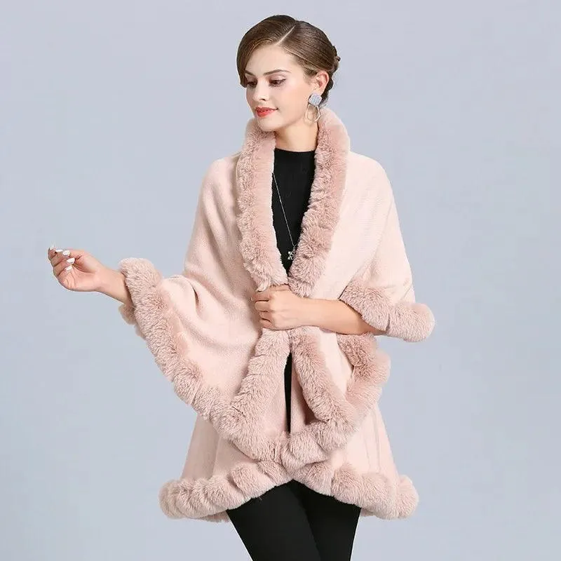 Elegant Outstreet Faux Fox Fur Collar Two-Layer Poncho Cape Cardigan Coat