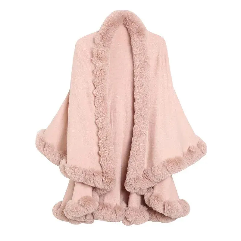 Elegant Outstreet Faux Fox Fur Collar Two-Layer Poncho Cape Cardigan Coat