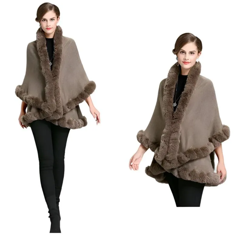 Elegant Outstreet Faux Fox Fur Collar Two-Layer Poncho Cape Cardigan Coat