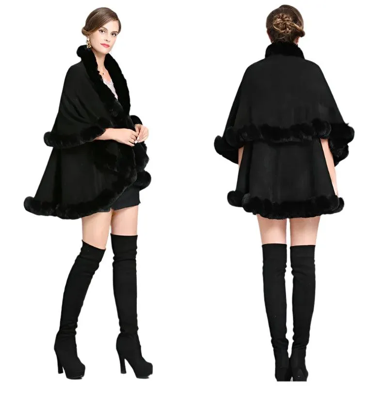 Elegant Outstreet Faux Fox Fur Collar Two-Layer Poncho Cape Cardigan Coat