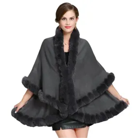 Elegant Outstreet Faux Fox Fur Collar Two-Layer Poncho Cape Cardigan Coat
