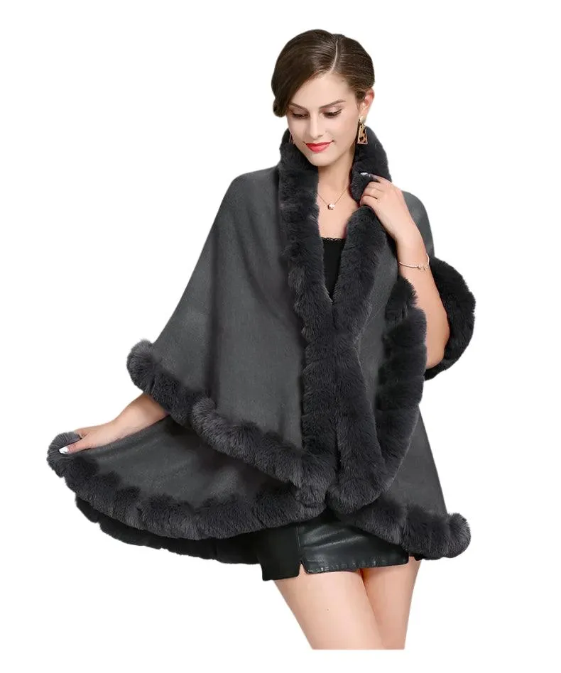 Elegant Outstreet Faux Fox Fur Collar Two-Layer Poncho Cape Cardigan Coat
