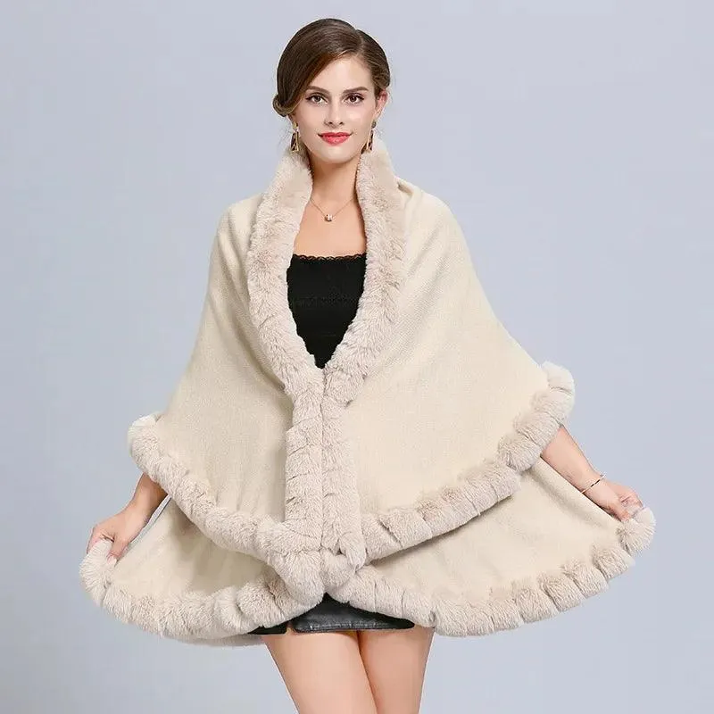 Elegant Outstreet Faux Fox Fur Collar Two-Layer Poncho Cape Cardigan Coat