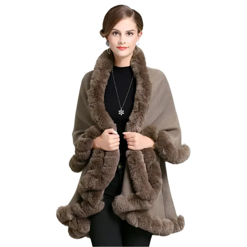 Elegant Outstreet Faux Fox Fur Collar Two-Layer Poncho Cape Cardigan Coat