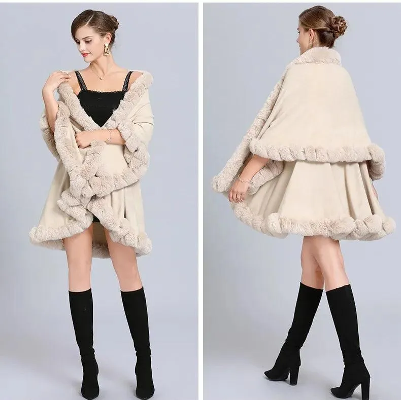 Elegant Outstreet Faux Fox Fur Collar Two-Layer Poncho Cape Cardigan Coat