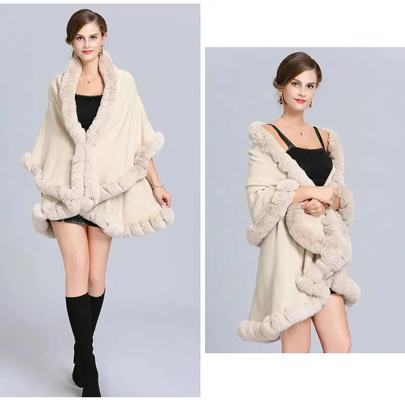 Elegant Outstreet Faux Fox Fur Collar Two-Layer Poncho Cape Cardigan Coat
