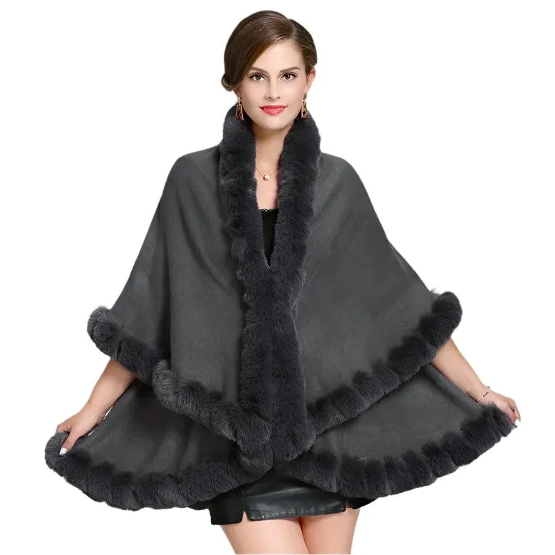 Elegant Outstreet Faux Fox Fur Collar Two-Layer Poncho Cape Cardigan Coat