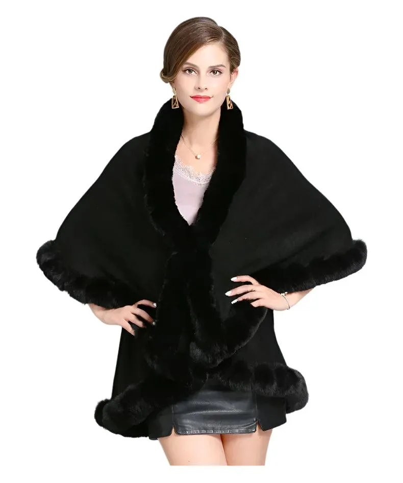 Elegant Outstreet Faux Fox Fur Collar Two-Layer Poncho Cape Cardigan Coat