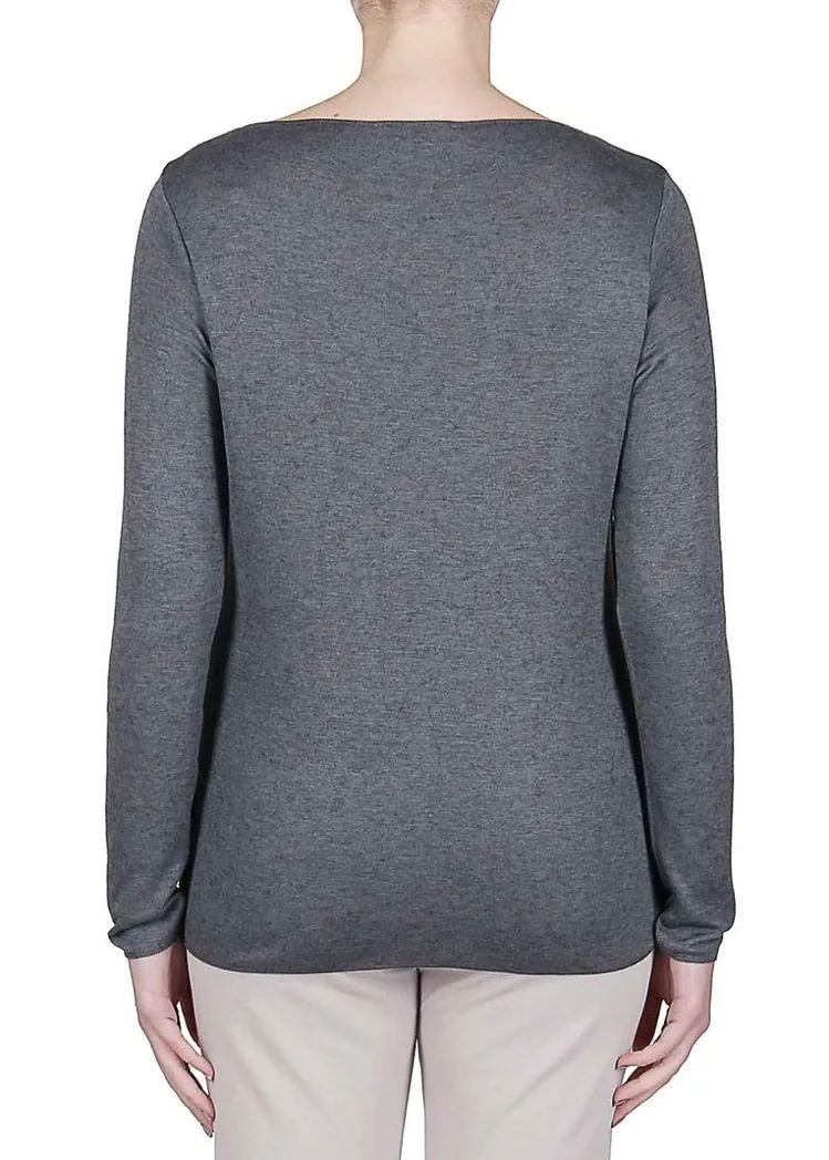 Fitted Wool Blend Boat Neck Long Sleeve Tee - Grey