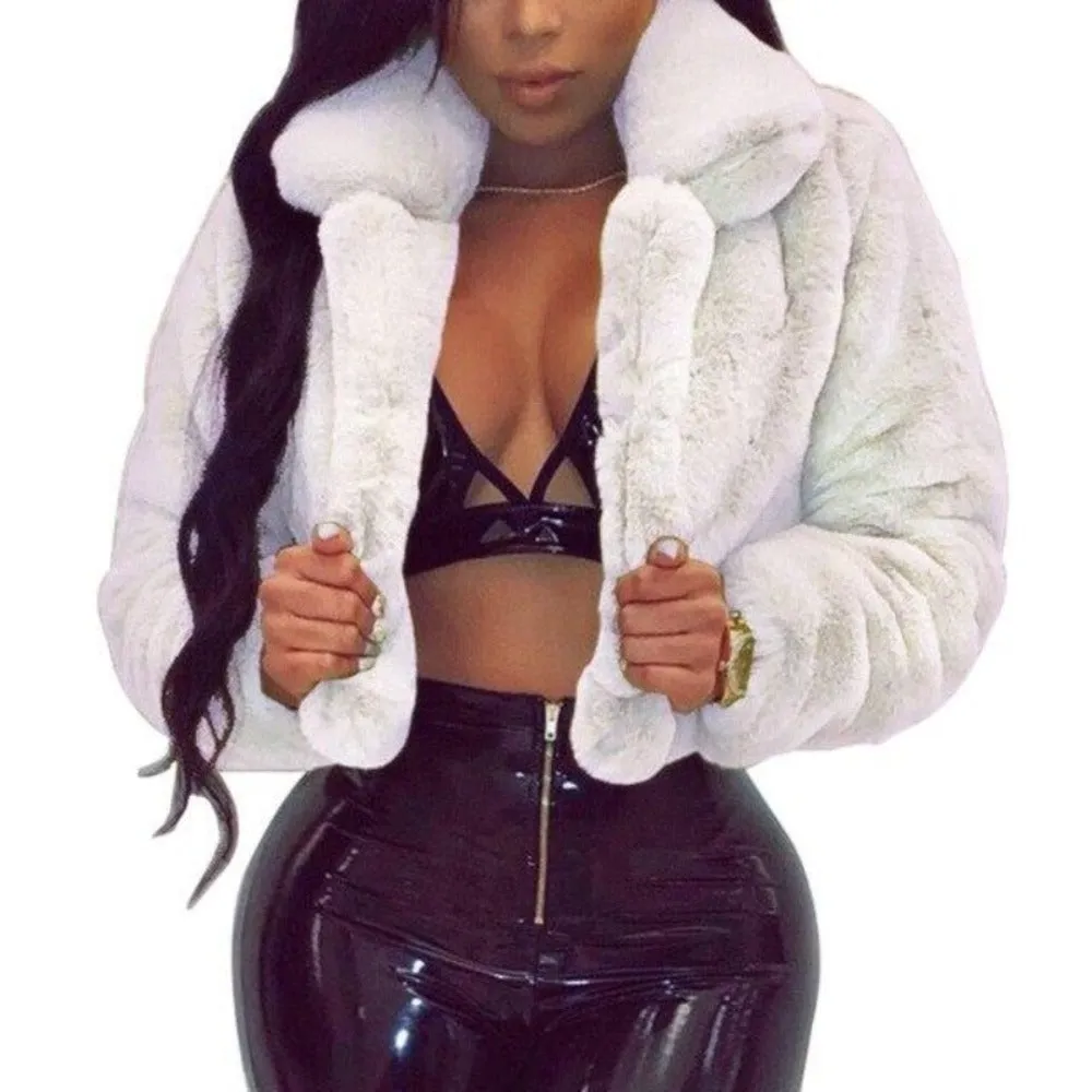 Fluffy Faux Fur Cropped Turn Down Collar Open Front Jacket