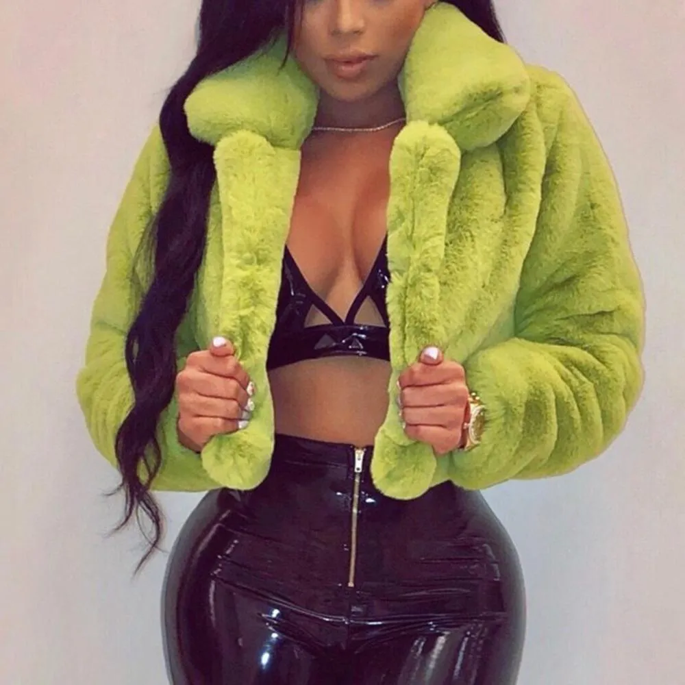 Fluffy Faux Fur Cropped Turn Down Collar Open Front Jacket