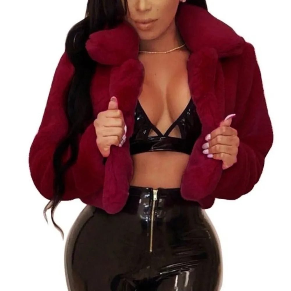 Fluffy Faux Fur Cropped Turn Down Collar Open Front Jacket