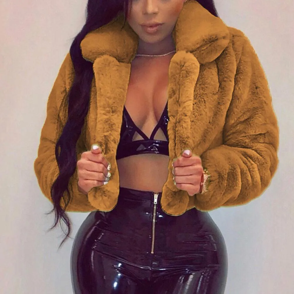 Fluffy Faux Fur Cropped Turn Down Collar Open Front Jacket