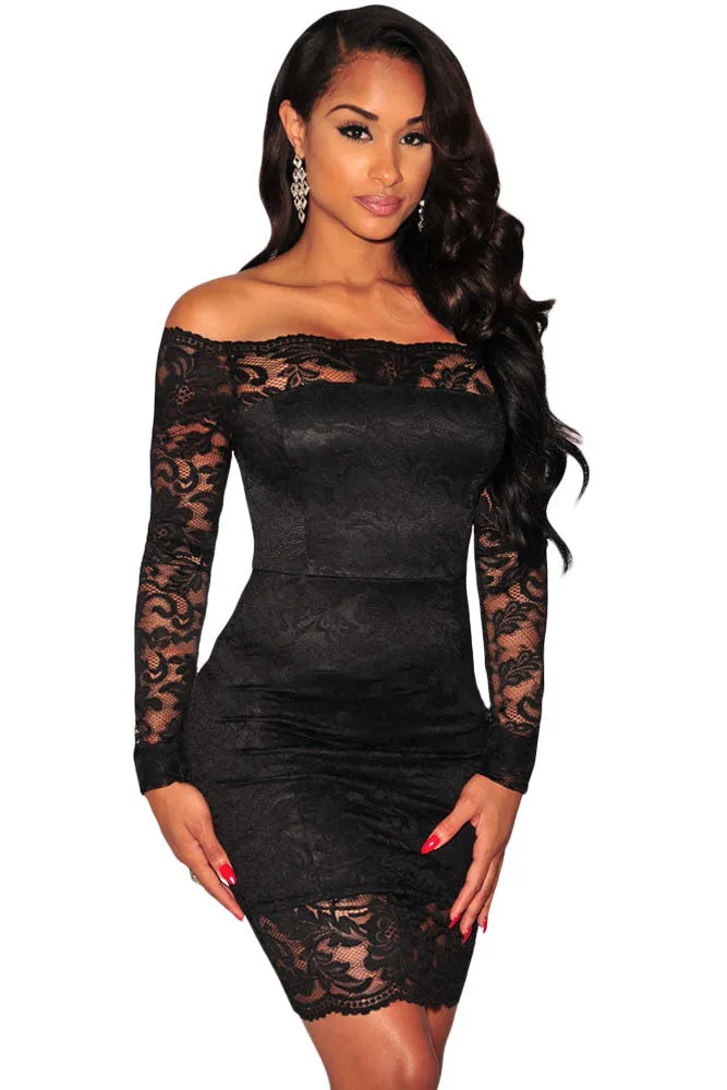 (FREE SHIPPING) Black Lace off Shoulder Dress
