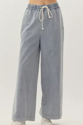 Front Draw String Wide Leg Chambray Pants