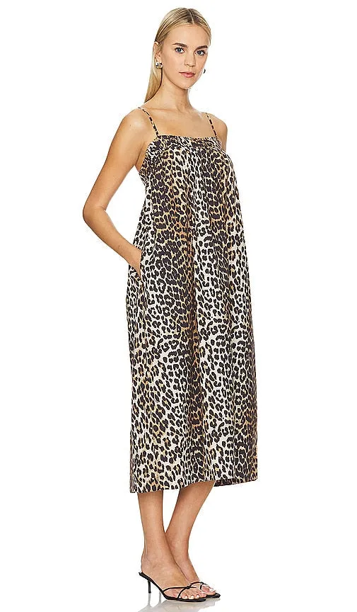 Ganni Printed Midi Strap Dress in Brown