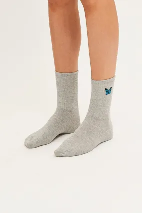 Grey Butterfly Embroidery Socks