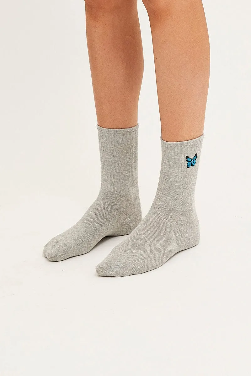 Grey Butterfly Embroidery Socks