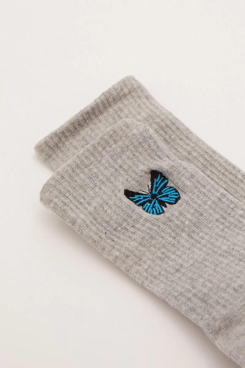 Grey Butterfly Embroidery Socks