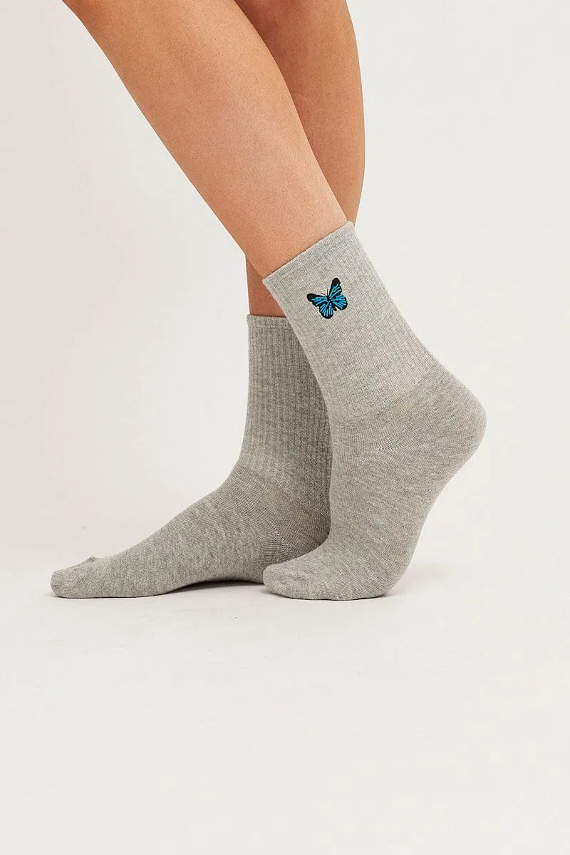 Grey Butterfly Embroidery Socks
