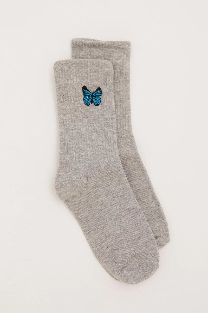 Grey Butterfly Embroidery Socks