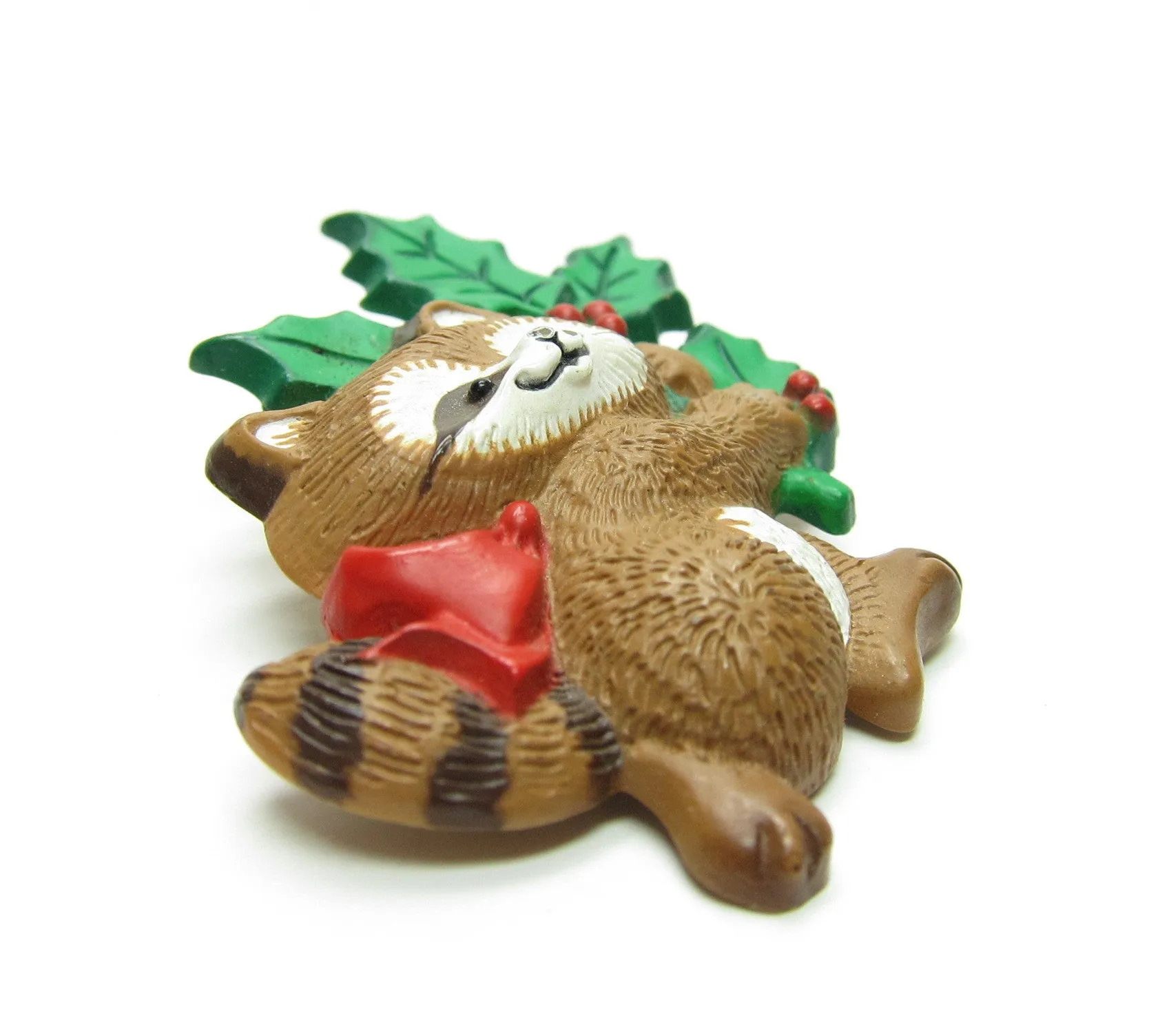Hallmark Raccoon Pin with Holly Vintage 1986 Christmas Lapel