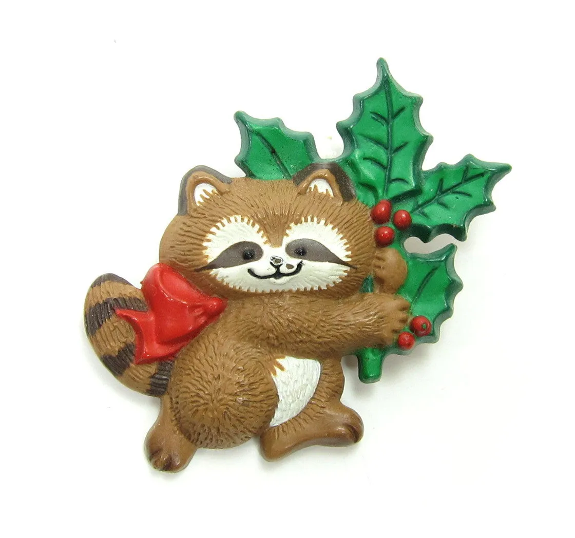 Hallmark Raccoon Pin with Holly Vintage 1986 Christmas Lapel