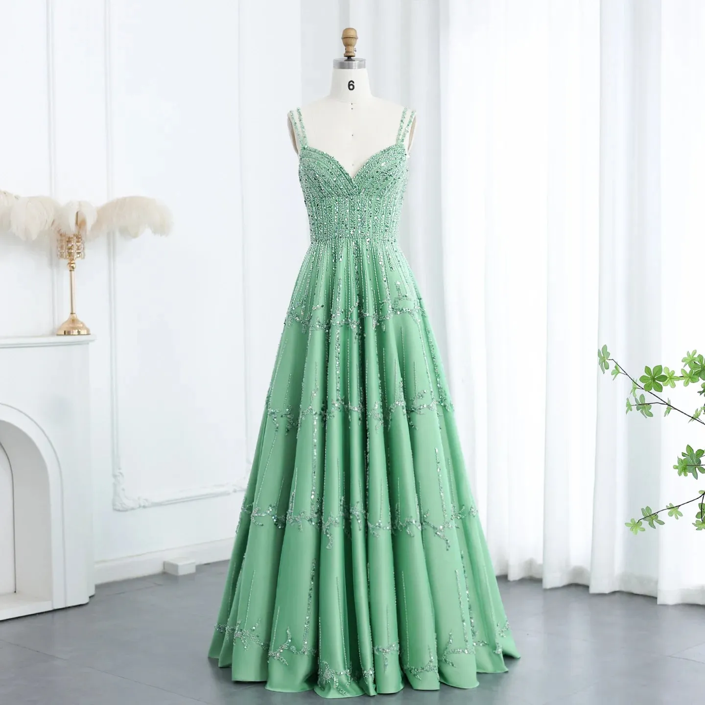 HELEN Luxury Sequin Beaded Green Evening Dress