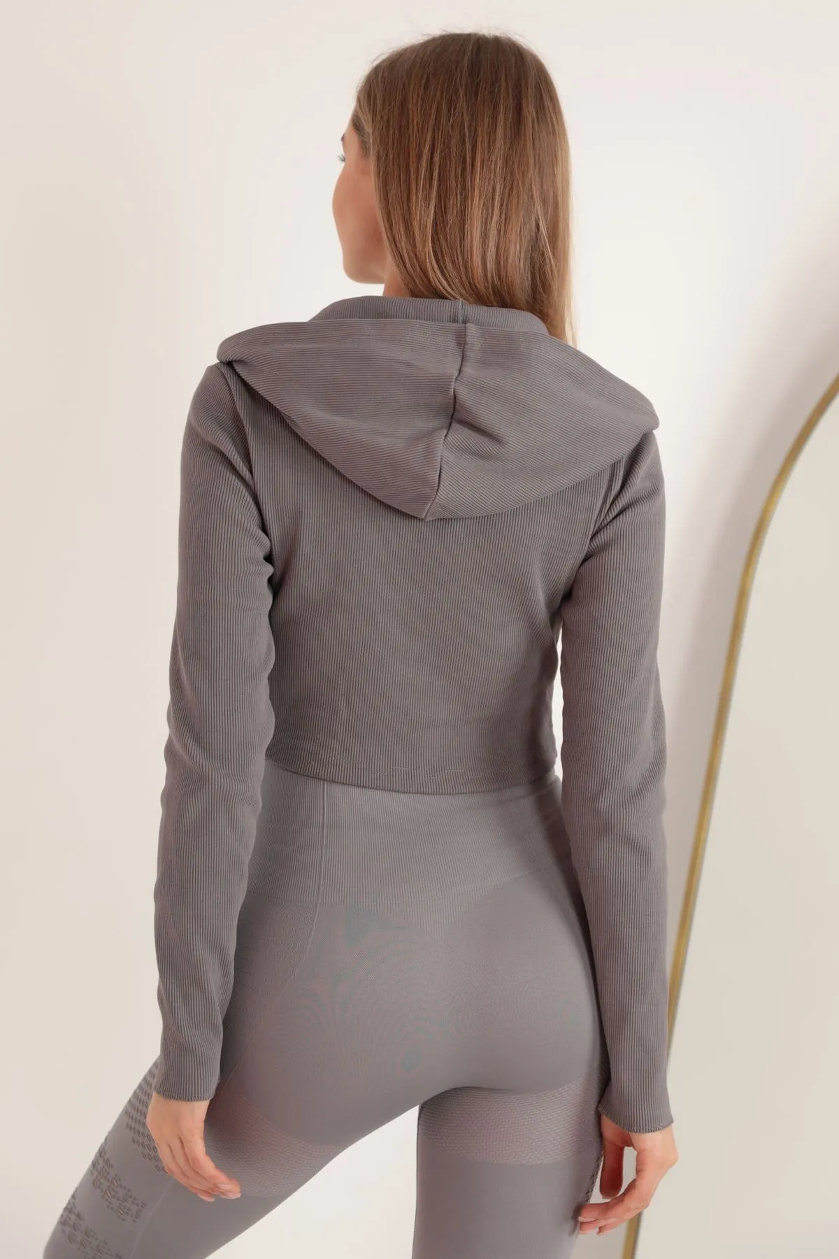 KKT Camisole Fabric Crop Zipper Women's Cardigan-Grey - La Quinta