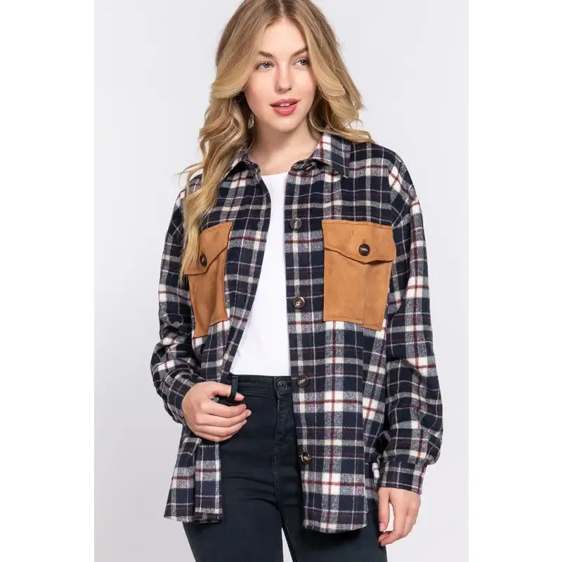 Long Sleeve Suede Pocket Detail Brushed Plaid Shacket