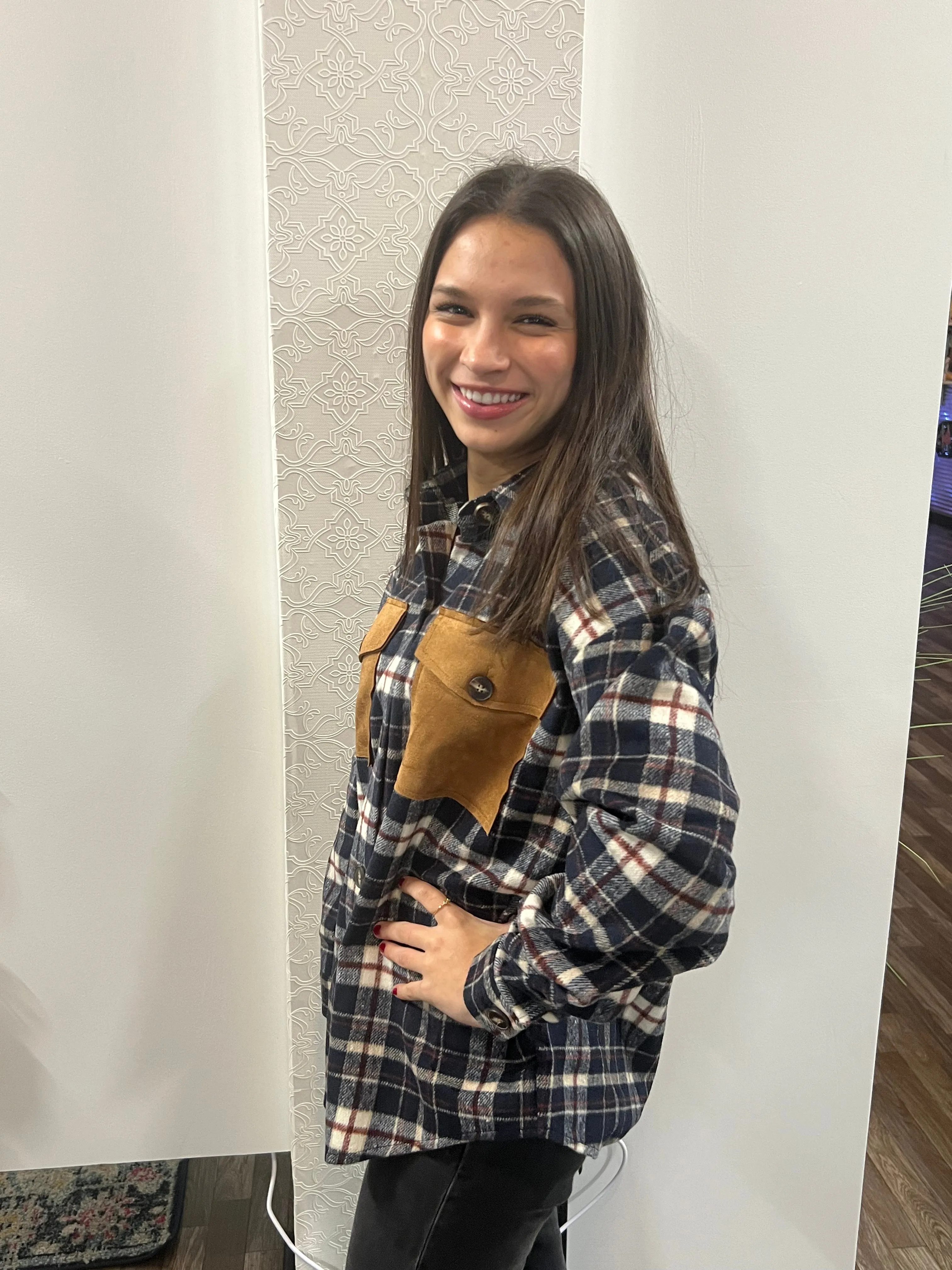 Long Sleeve Suede Pocket Detail Brushed Plaid Shacket