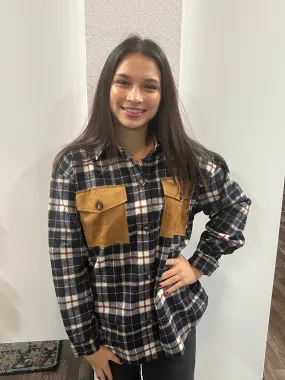 Long Sleeve Suede Pocket Detail Brushed Plaid Shacket