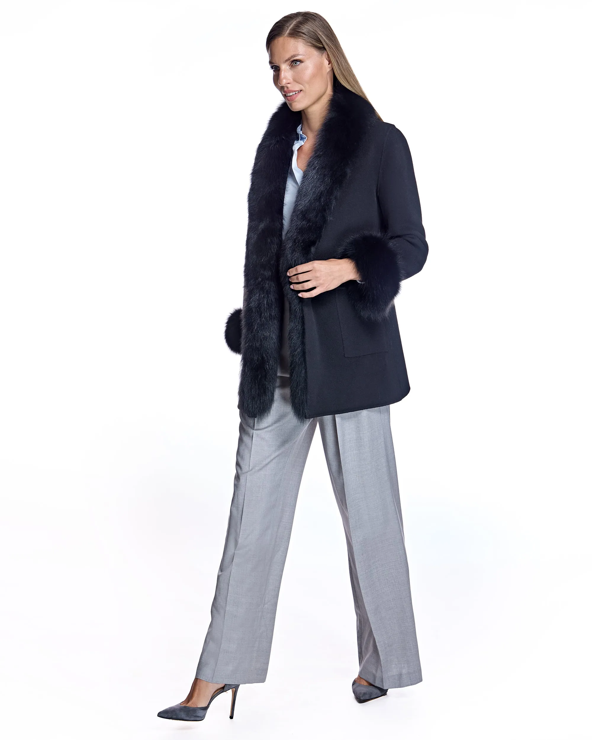 Maximilian Wool Jacket with Detachable Fur Trim