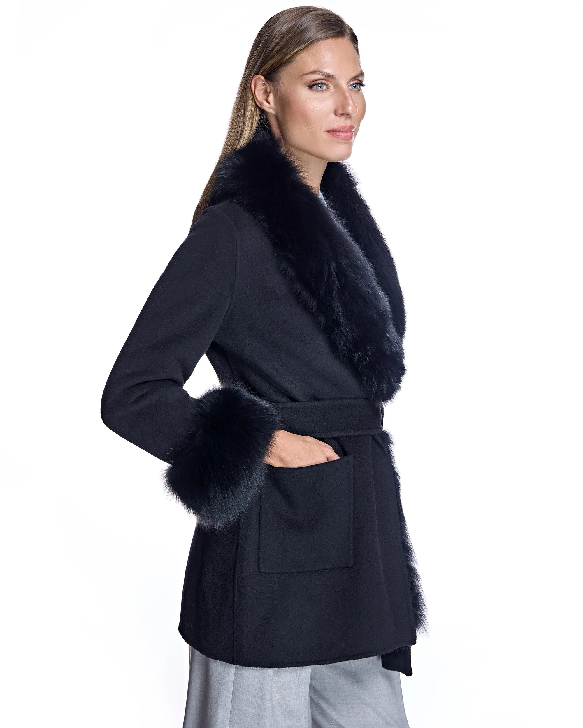 Maximilian Wool Jacket with Detachable Fur Trim