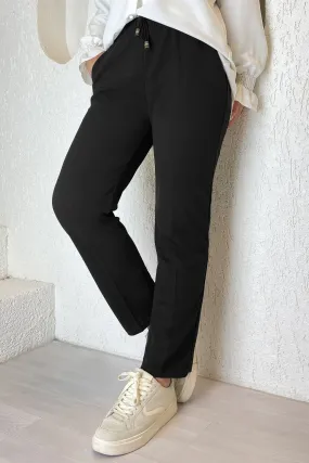 MDS Women Elastic Waist Lycra Double Fabric Pants - Black - Jocotitlán