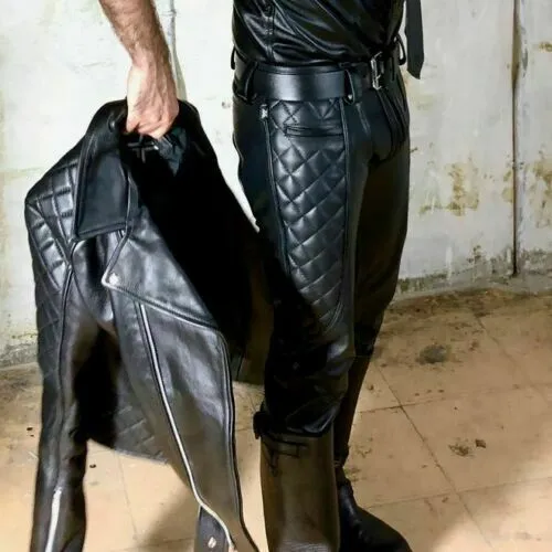 Men's Black Genuine Leather Padded Trouser pants