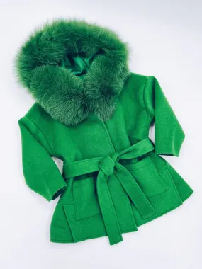 MI LOVES SIGNATURE Luxurious wool kids coat with Fox fur trim in deep green colour.